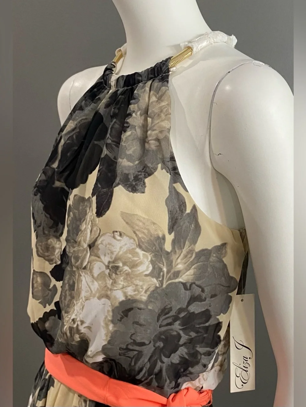 NWT Eliza J Floral Halter Maxi Dress with Belted Coral Sash Size 8 - Picture 6 of 13